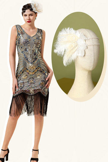 Prata Fringes 1920s Vestido Com 20s Accessories Set